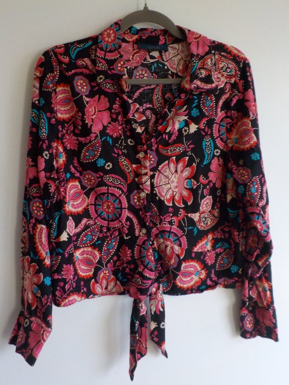 Rachel Roy Blouse - Large -Linen Button Up Pink Black Paisley Long Sleeve (2x51)
